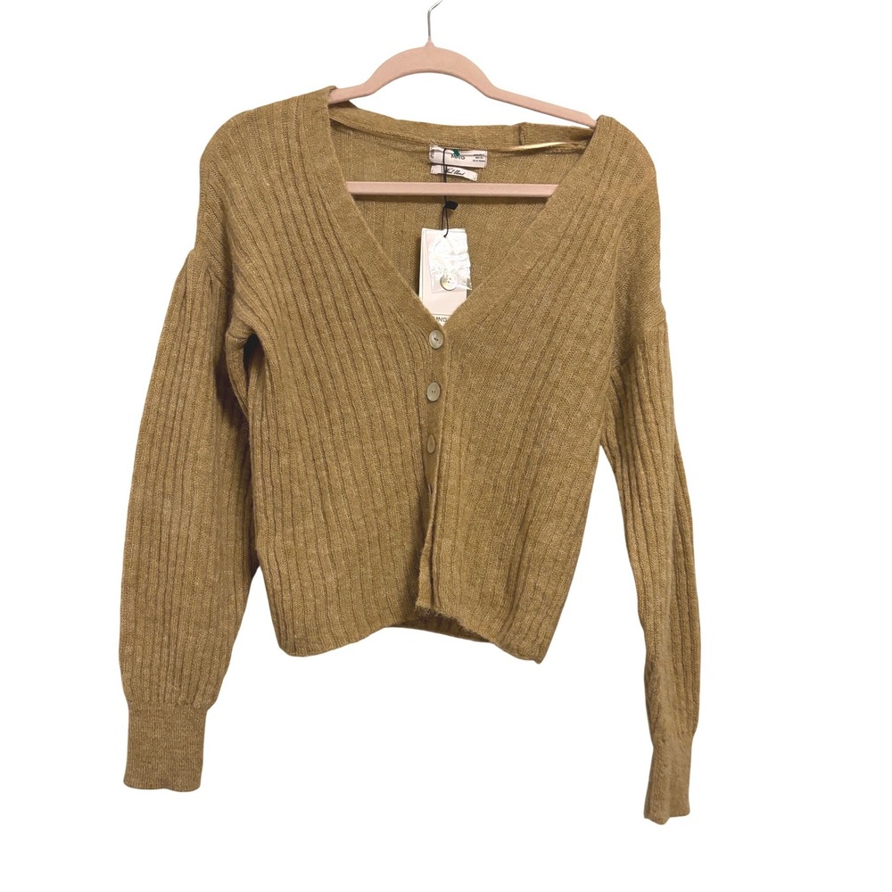 Mango MNG Tan Wool Blend Ribbed V-Neck Button Cardigan Sweater Small NWT